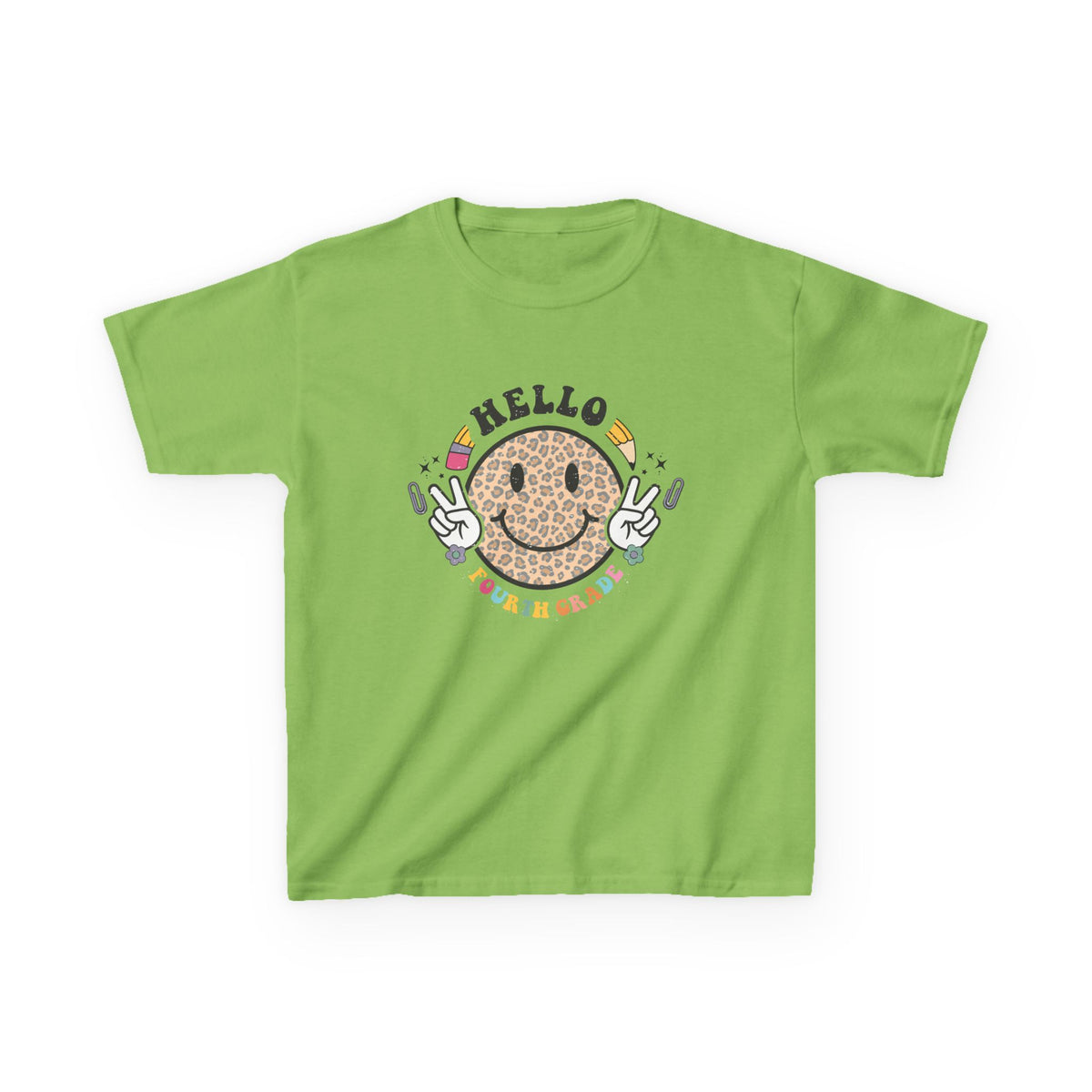 Fourth Grade Cheetah Smiley Face Graphic Tee Back-to-School 4th Grade Kids T-Shirt