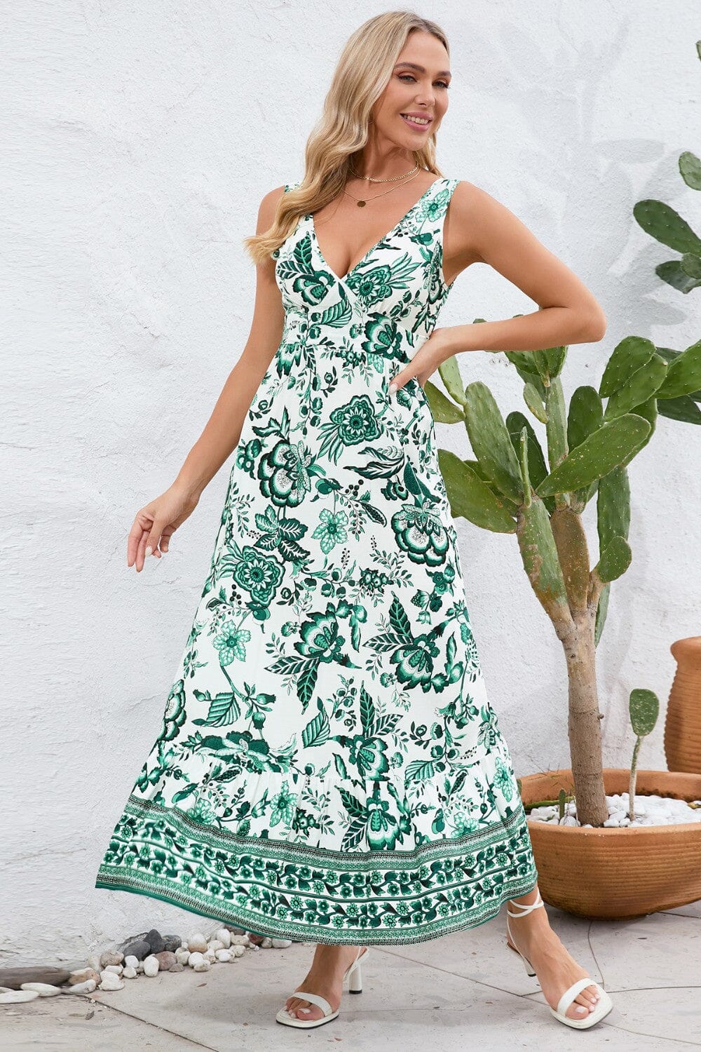 Printed V-Neck Wide Strap Dress - Sydney So Sweet