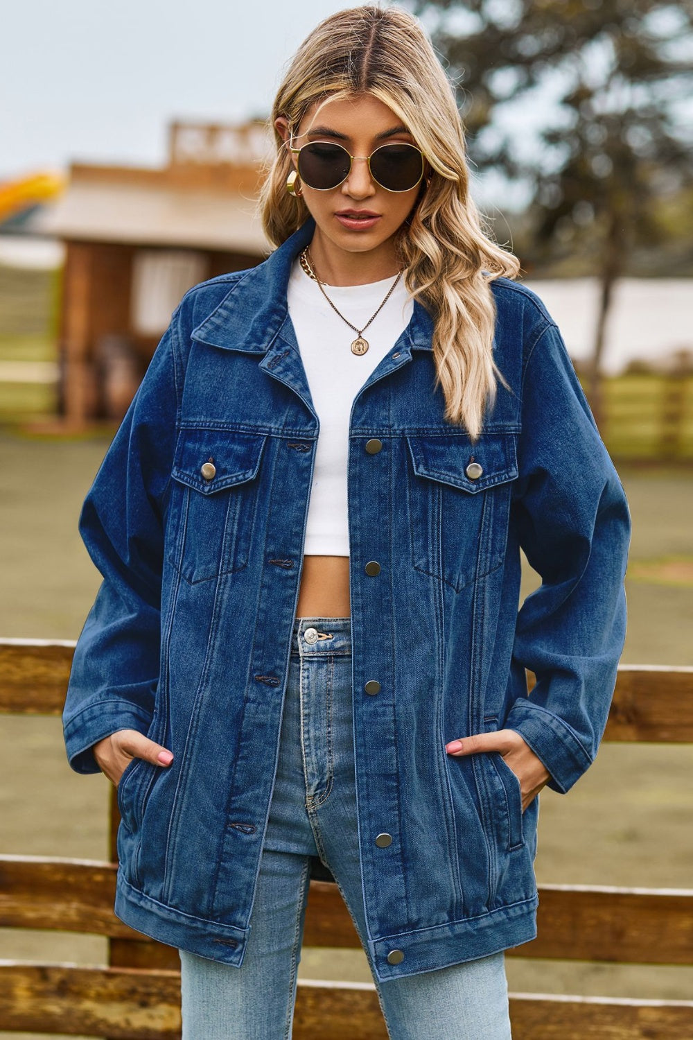 Buttoned Collared Neck Denim Jacket with Pockets - Sydney So Sweet