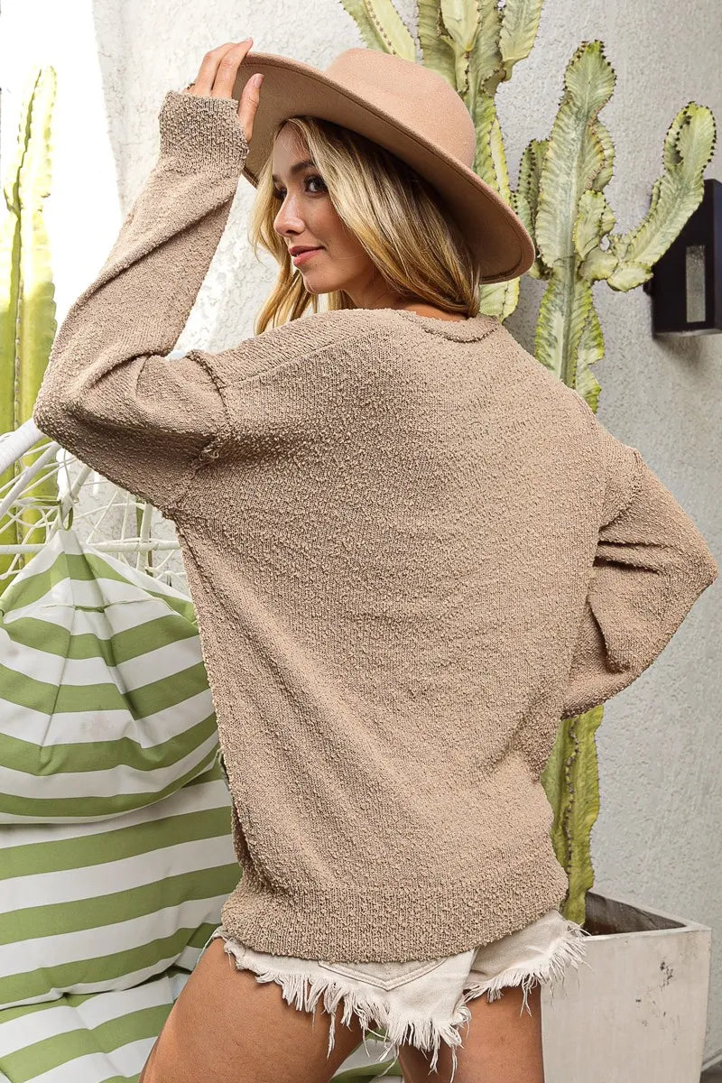 BiBi Raw Edged Popcorn Texture V-neck Sweater - Sydney So Sweet