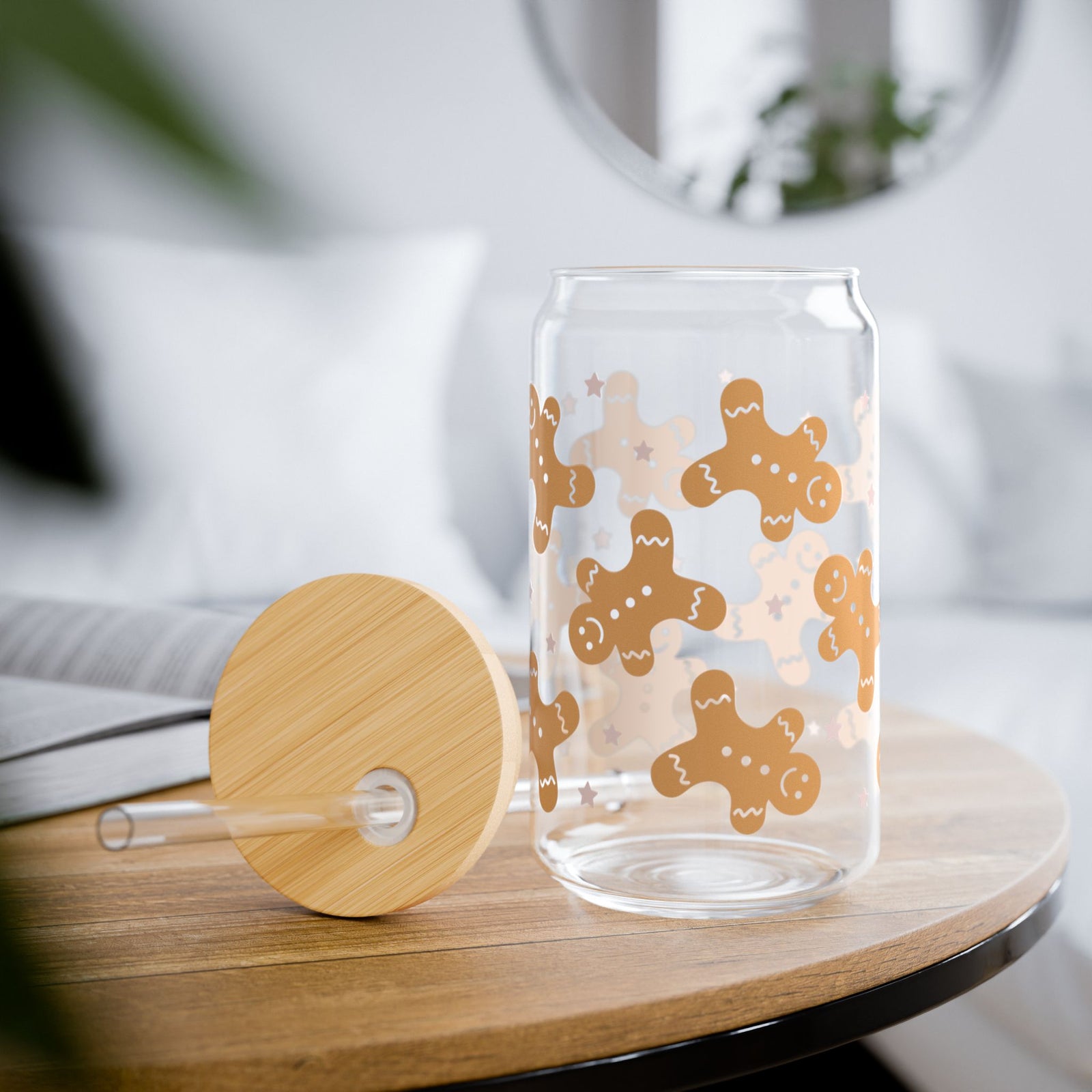 Christmas Gingerbread Cookies Sipper Glass 16oz Reusable Drink Jar with Lid & Straw