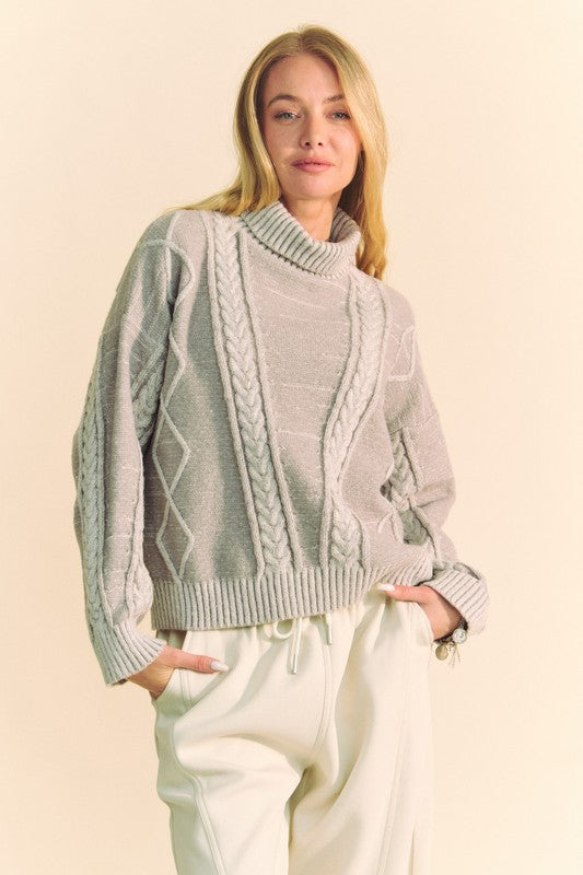 Davi &amp; Dani Cable-Knit Turtleneck Dropped Shoulder Sweater