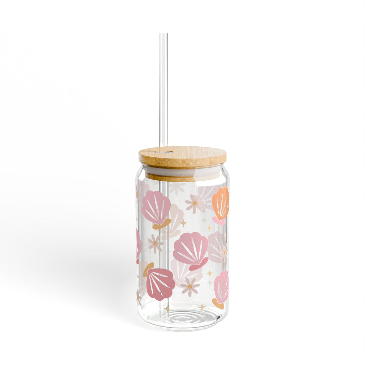 Floral & Seashell Pink Sipper Glass 16oz — Reusable Drink Jar with Lid & Straw