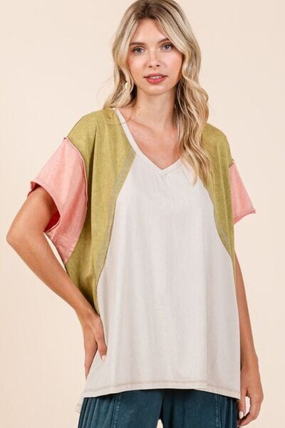 Mittoshop Color Block V-Neck Short Sleeve T-Shirt - Sydney So Sweet