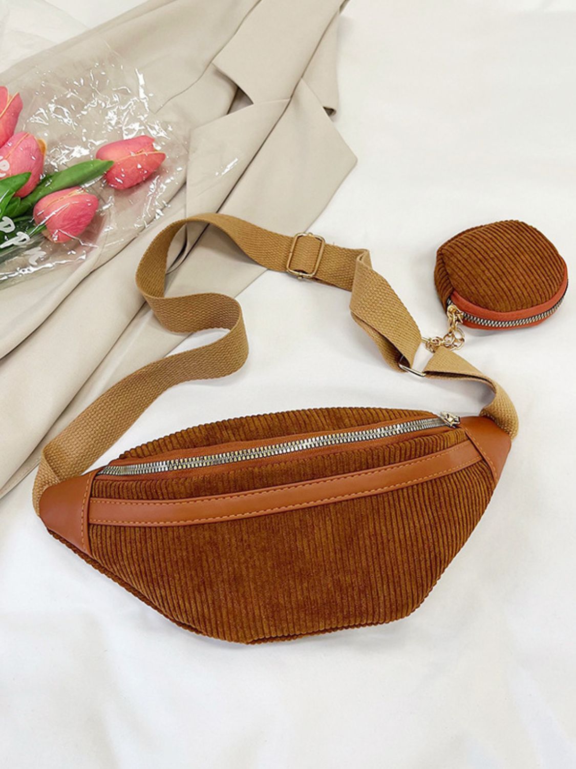 Corduroy Adjustable Strap Crossbody Bag with Pouch - Sydney So Sweet