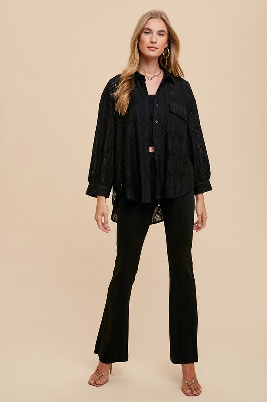 Annie Wear Openwork Button Down Drop Shoulder Shirt - Sydney So Sweet