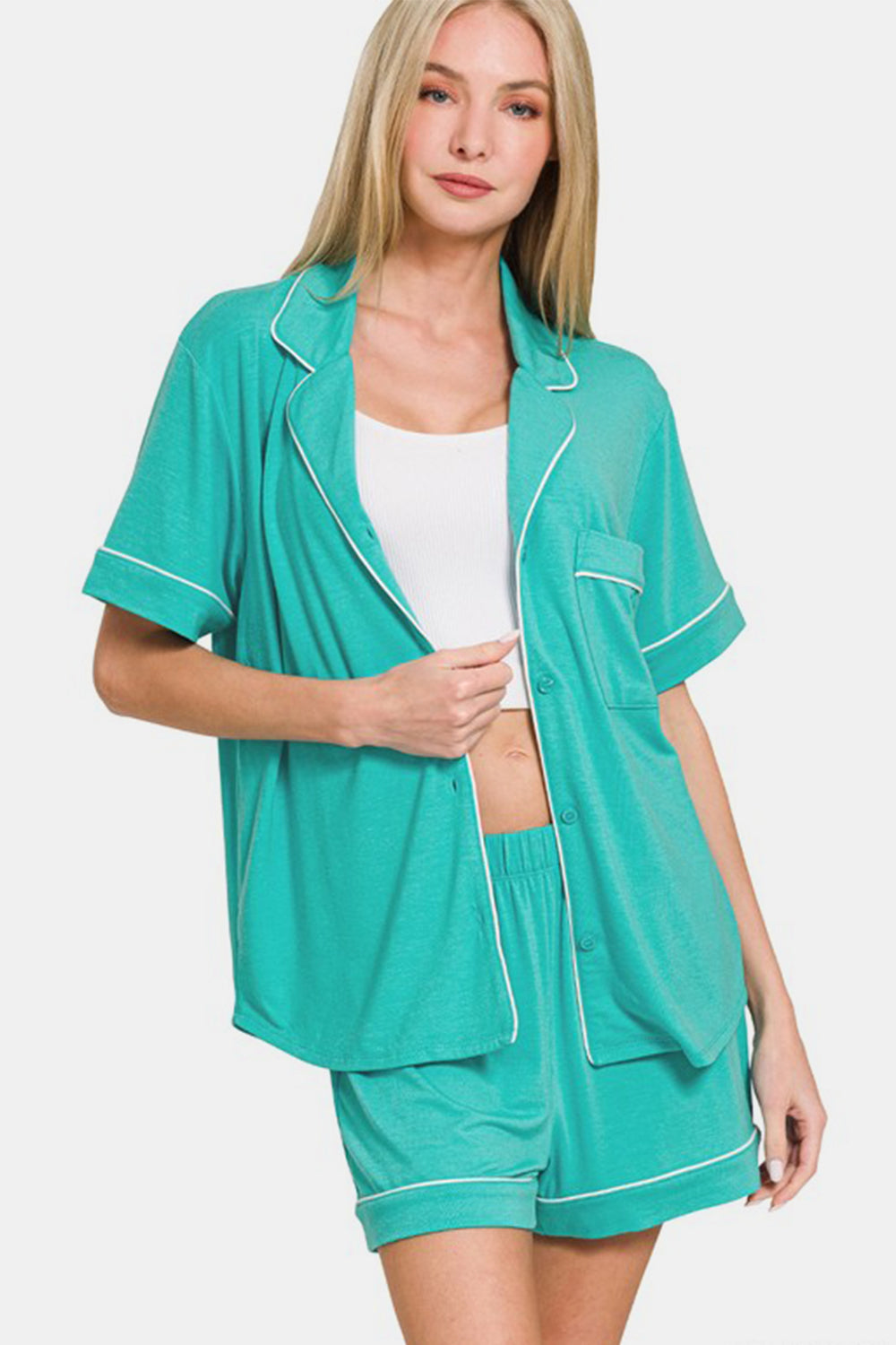 Zenana Button Down Short Sleeve Top and Shorts Lounge Set - Sydney So Sweet