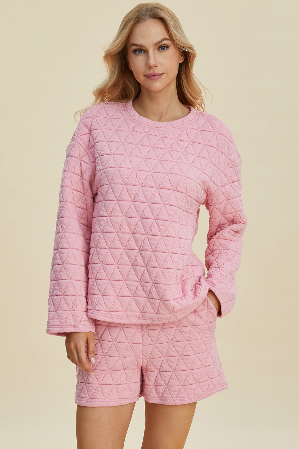 Double Take Full Size Texture Round Neck Long Sleeve Top and Shorts Set - Sydney So Sweet