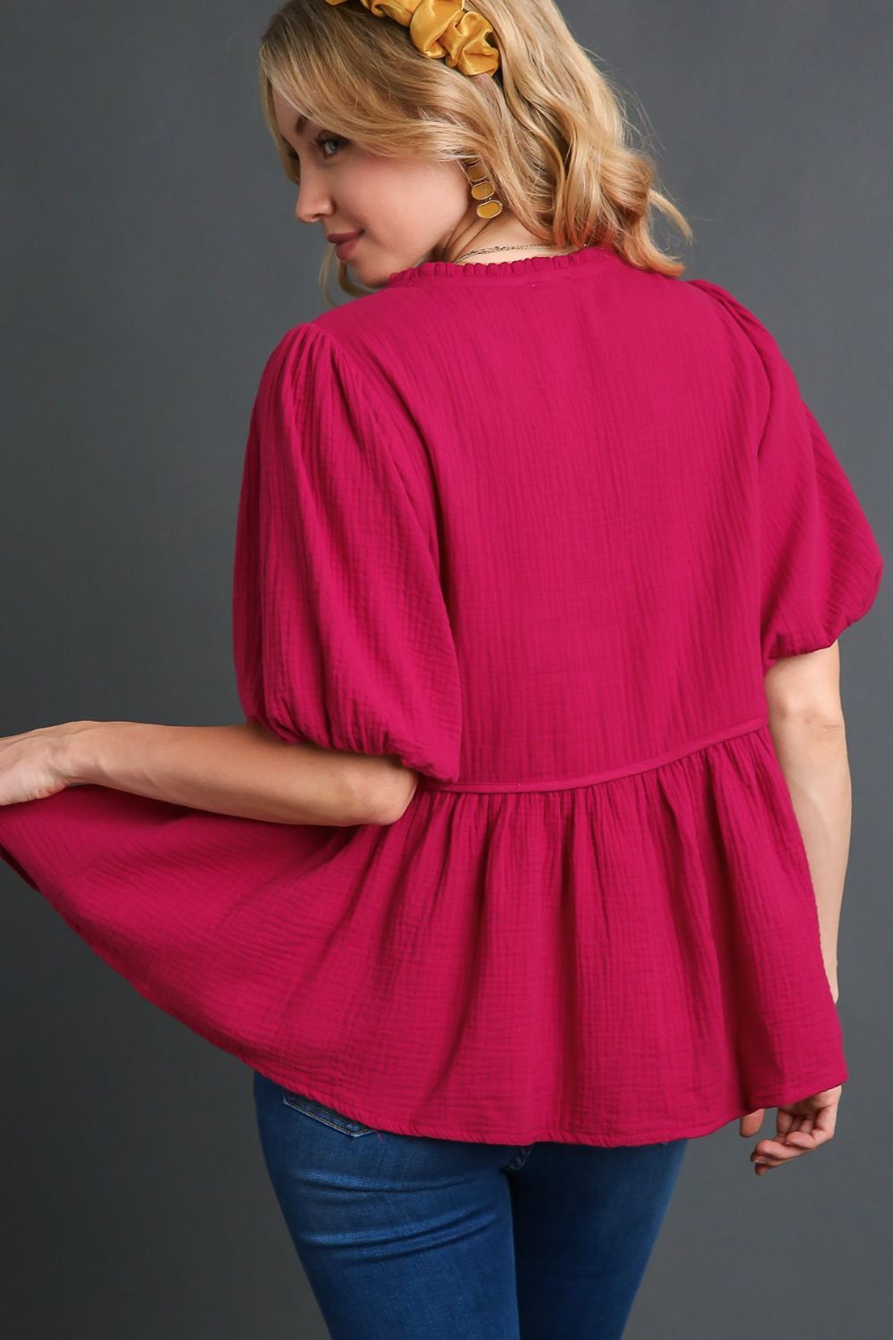 Umgee Full Size Cotton Gauze Floral Embroidery Babydoll Blouse Plus Size - Sydney So Sweet