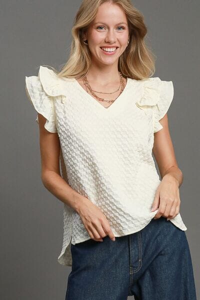 Umgee Full Size Textured Jacquard V-Neck Ruffle Cap Sleeve Blouse Plus Size - Sydney So Sweet
