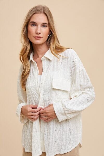 Annie Wear Openwork Button Down Drop Shoulder Shirt - Sydney So Sweet
