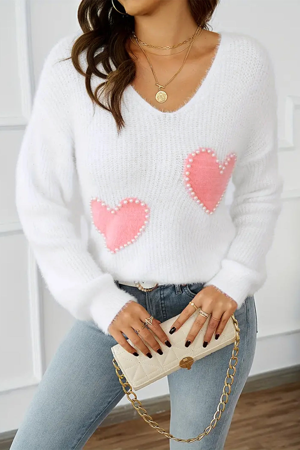 Heart V-Neck Long Sleeve Sweater - Sydney So Sweet