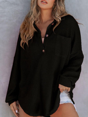 Waffle-Knit Dropped Shoulder Long Sleeve Sweatshirt - Sydney So Sweet