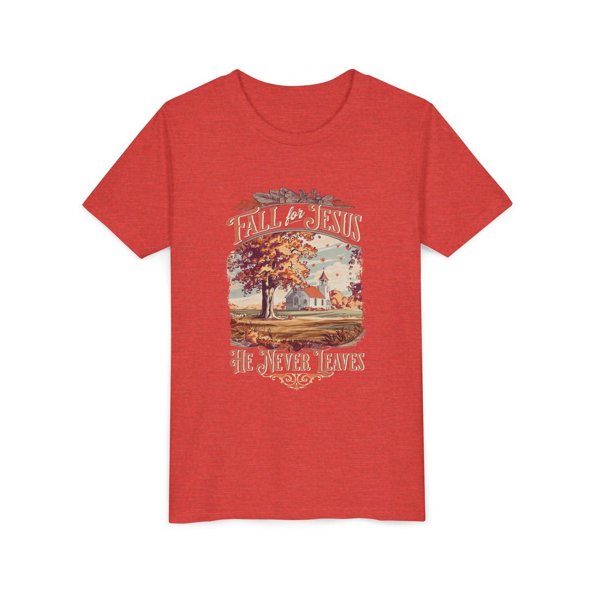 Fall for Jesus Kids T-Shirt He Never Leaves Youth Christian Graphic Tee