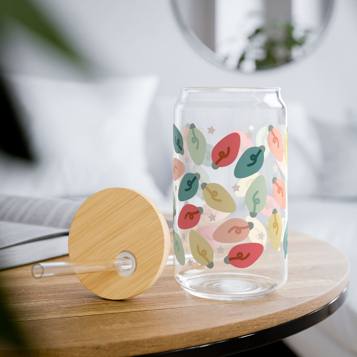 Bright Christmas Lights Sipper Glass 16oz Reusable Drink Jar with Lid & Straw
