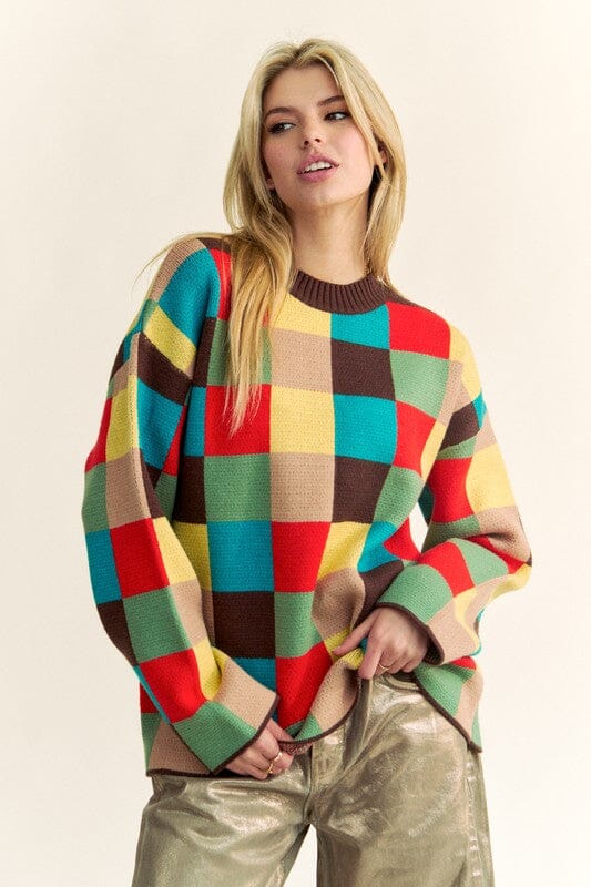 Davi & Dani Color Block Checkered Dropped Shoulder Sweater - Sydney So Sweet