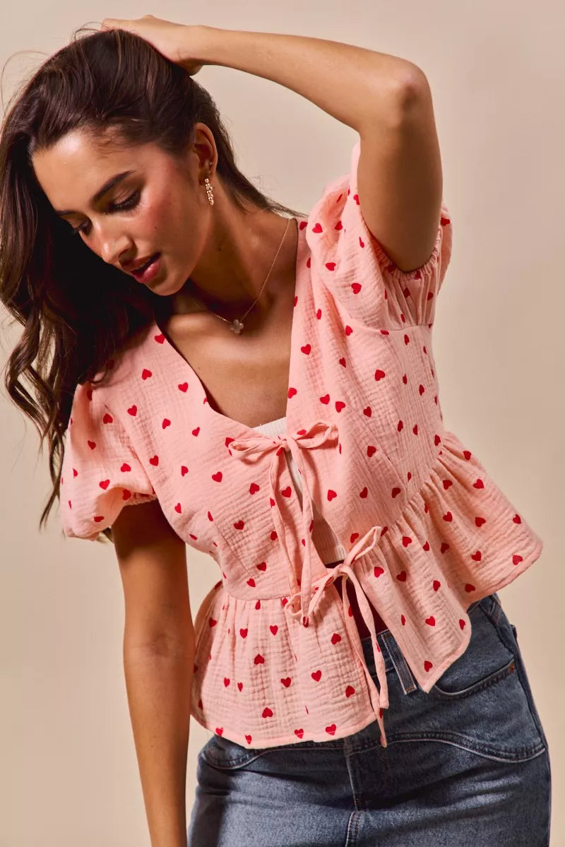 SO ME All Over Heart Ribbon Tie Baby Doll Valentine Blouse - Sydney So Sweet
