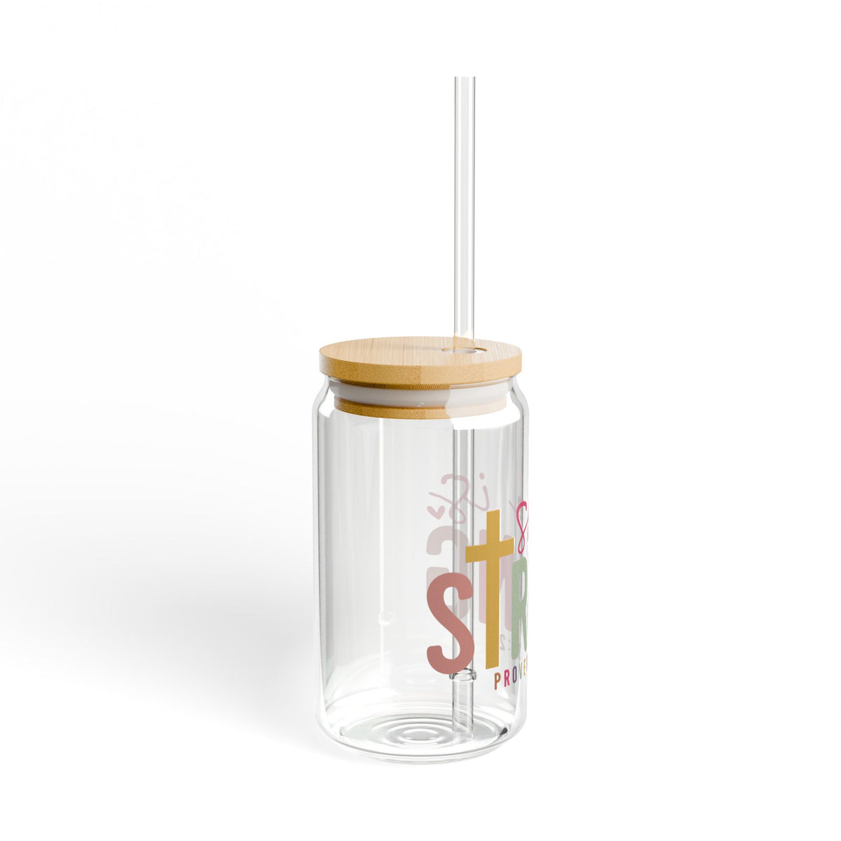 She Is Strong Proverbs 31:25 Inspirational Sipper Glass 16oz — Reusable Drink Jar with Lid & Straw