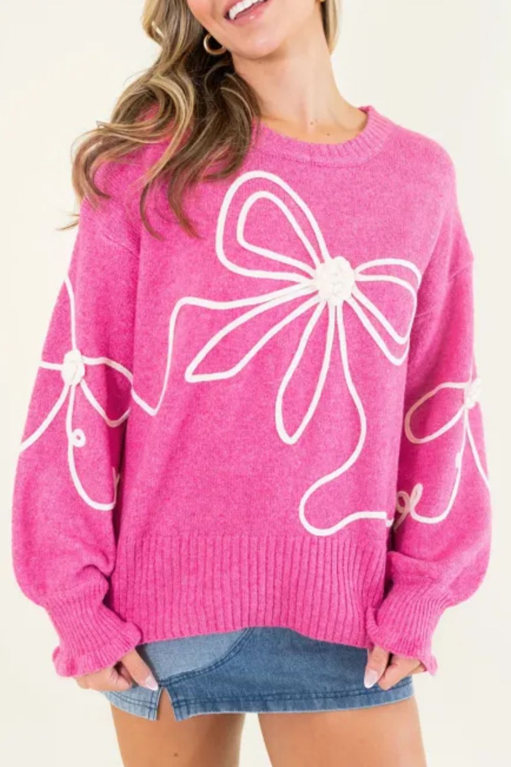 Bow Round Neck Dropped Shoulder Sweater - Sydney So Sweet