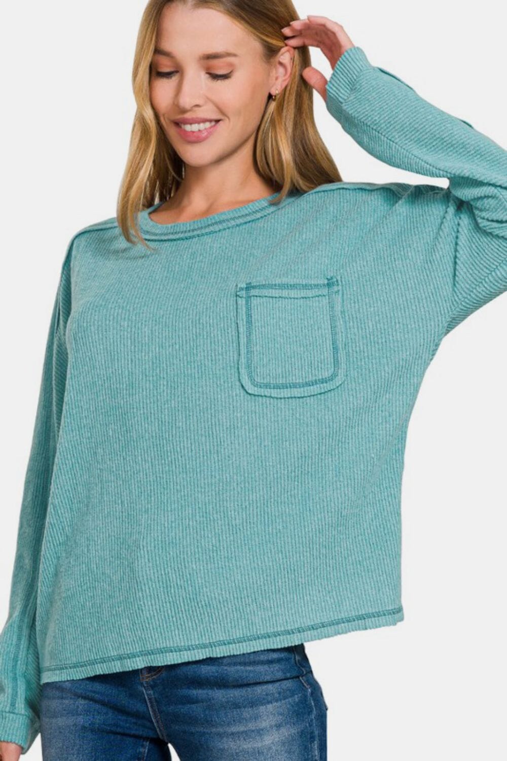 Zenana Full Size Contrast Stitching Brushed Ribbed Hacci Knit Top Plu Size - Sydney So Sweet