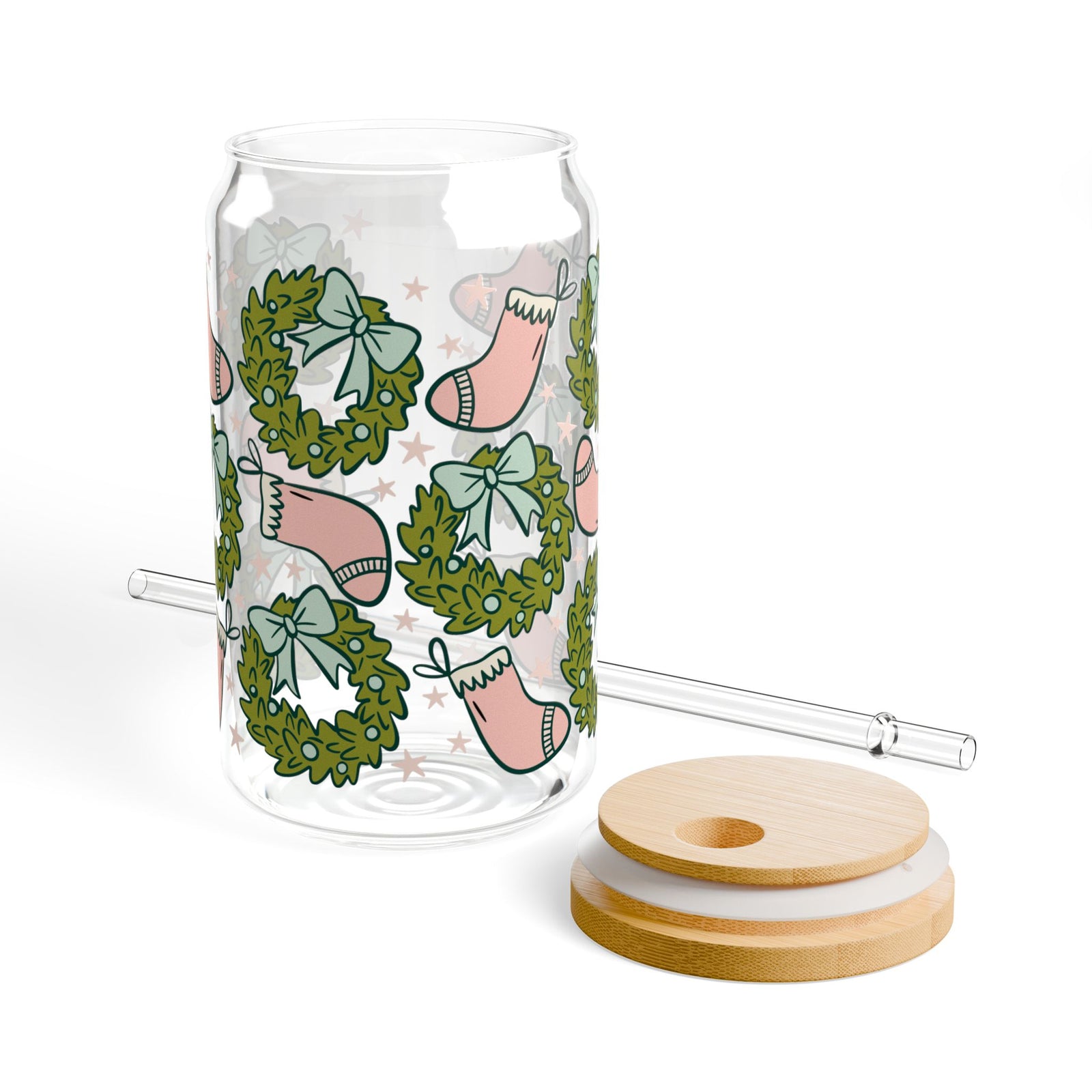 Holly Jolly Christmas Stockings Sipper Glass 16oz Reusable Drink Jar with Lid & Straw