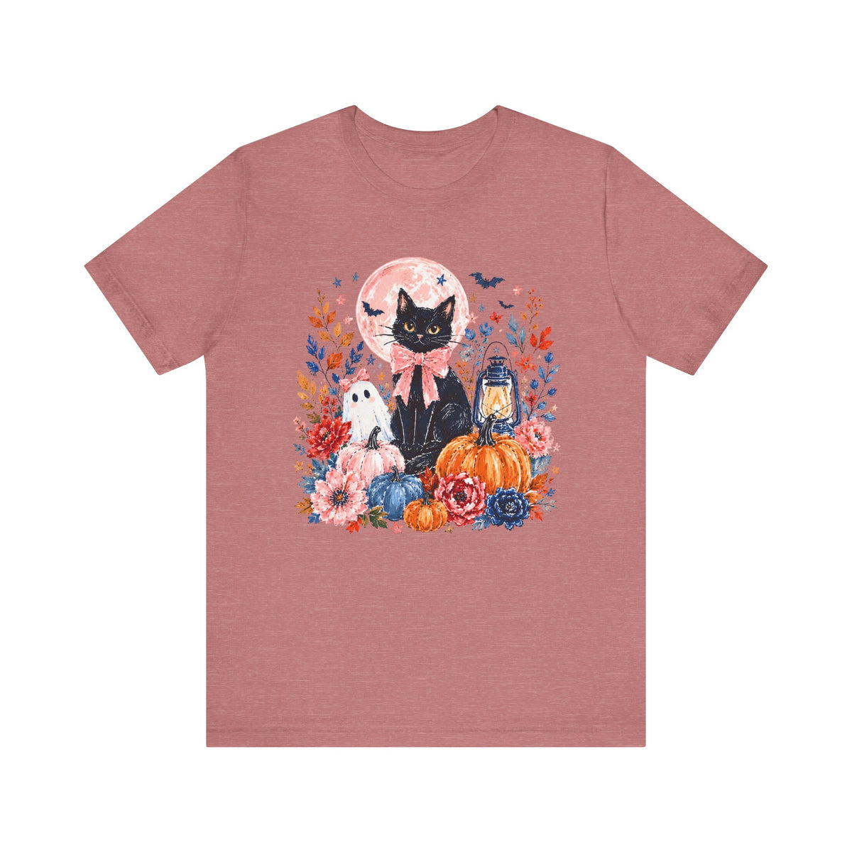 Girly Black Cat Halloween T-Shirt Cute Pumpkin & Lantern Fall Graphic Tee