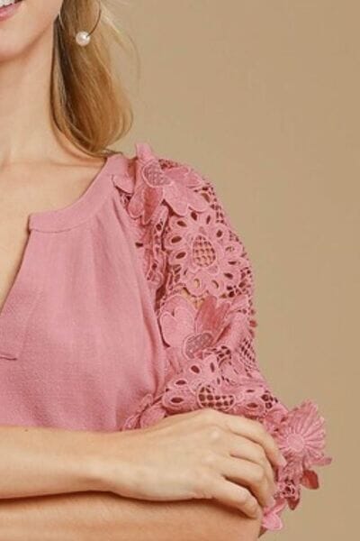 Umgee Full Size French Terry Boxy Cut Top with 3D Floral Sleeve Plus Size - Sydney So Sweet