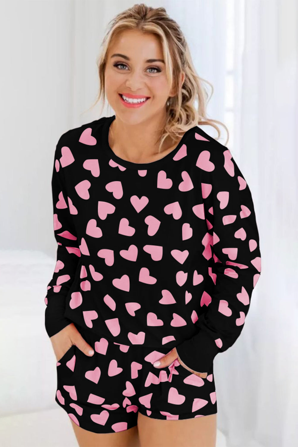 Heart Print Long Sleeve Top and Shorts Lounge Set - Sydney So Sweet