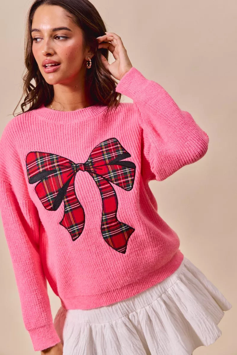 SO ME Checker Plaid Ribbon Christmas Holiday Sweater - Sydney So Sweet