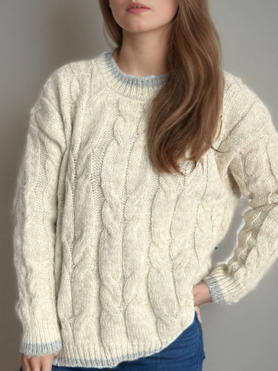 Cable Knit Round Neck Long Sleeve Sweater - Sydney So Sweet