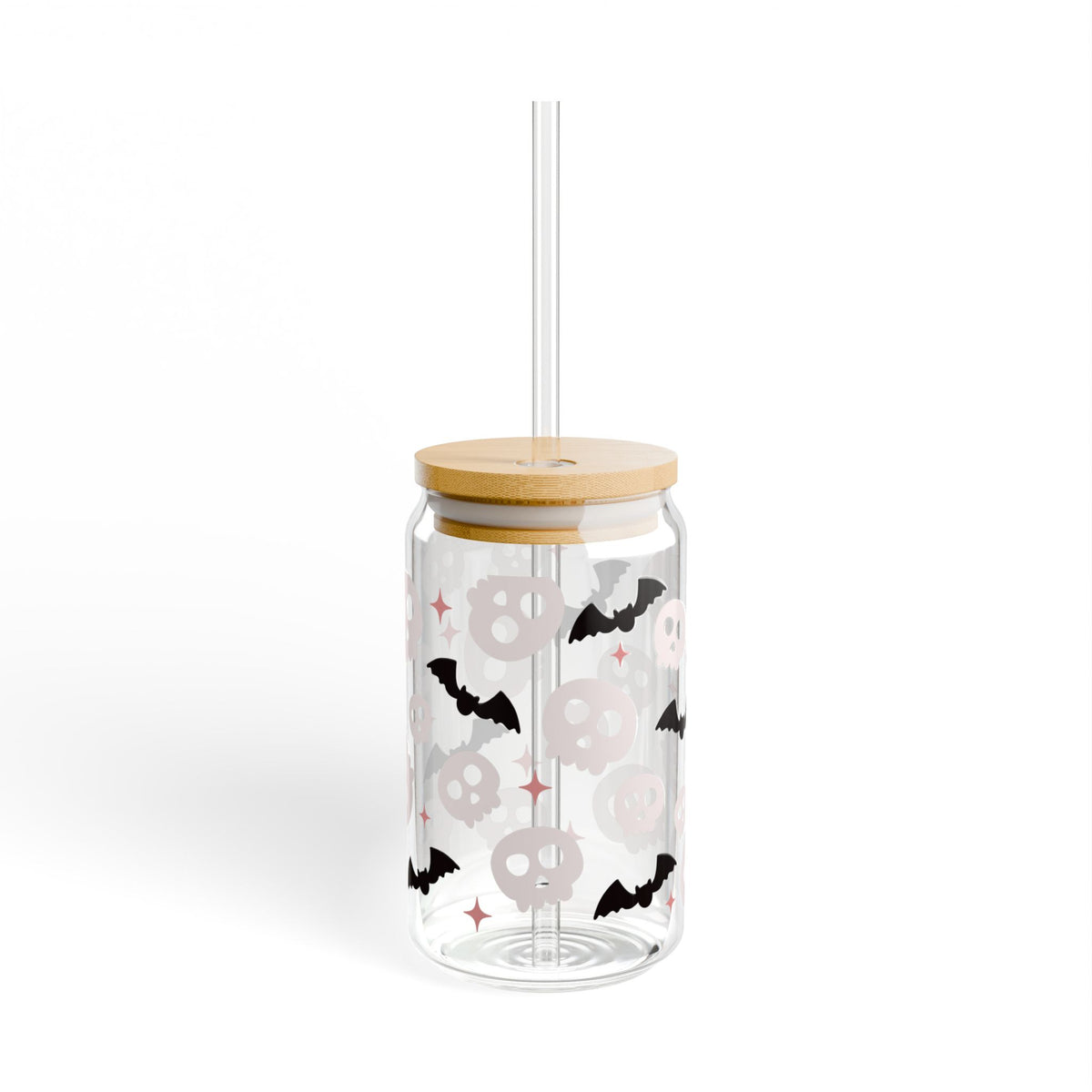 Spooky Halloween Skull & Bats Sipper Glass 16oz Reusable Drink Jar with Lid & Straw