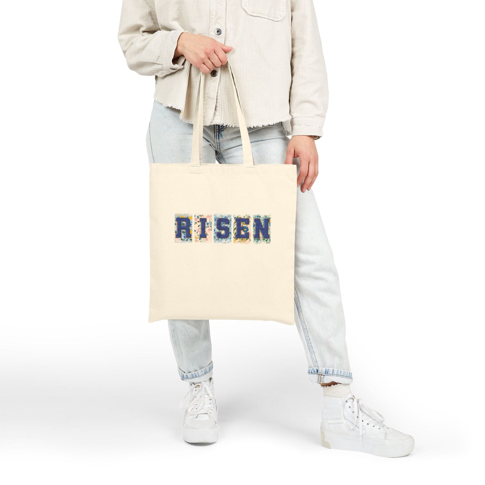 Risen Floral Faux Patch Easter Christian Cotton Canvas Tote Bag