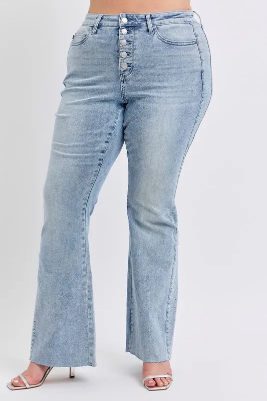 Judy Blue Full Size Mid Rise Rhinestone Side Panel Detail Flare Jeans Plus Size - Sydney So Sweet