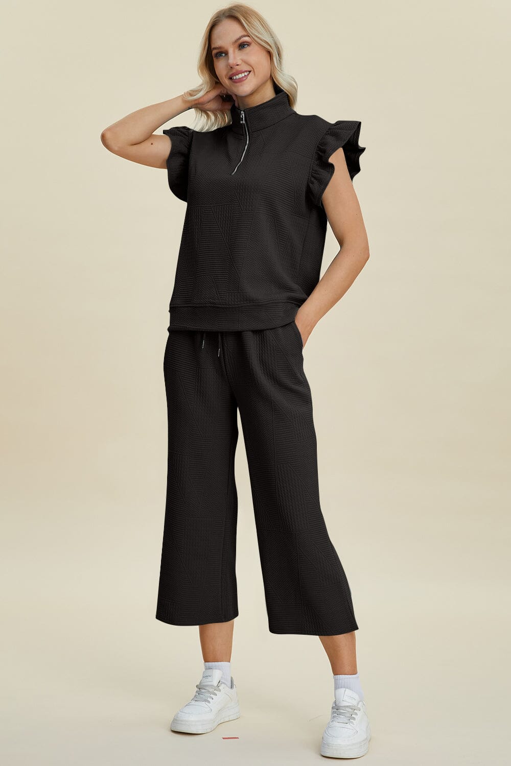 Double Take Full Size Texture Ruffle Short Sleeve Top and Wide Leg Pants Set - Sydney So Sweet