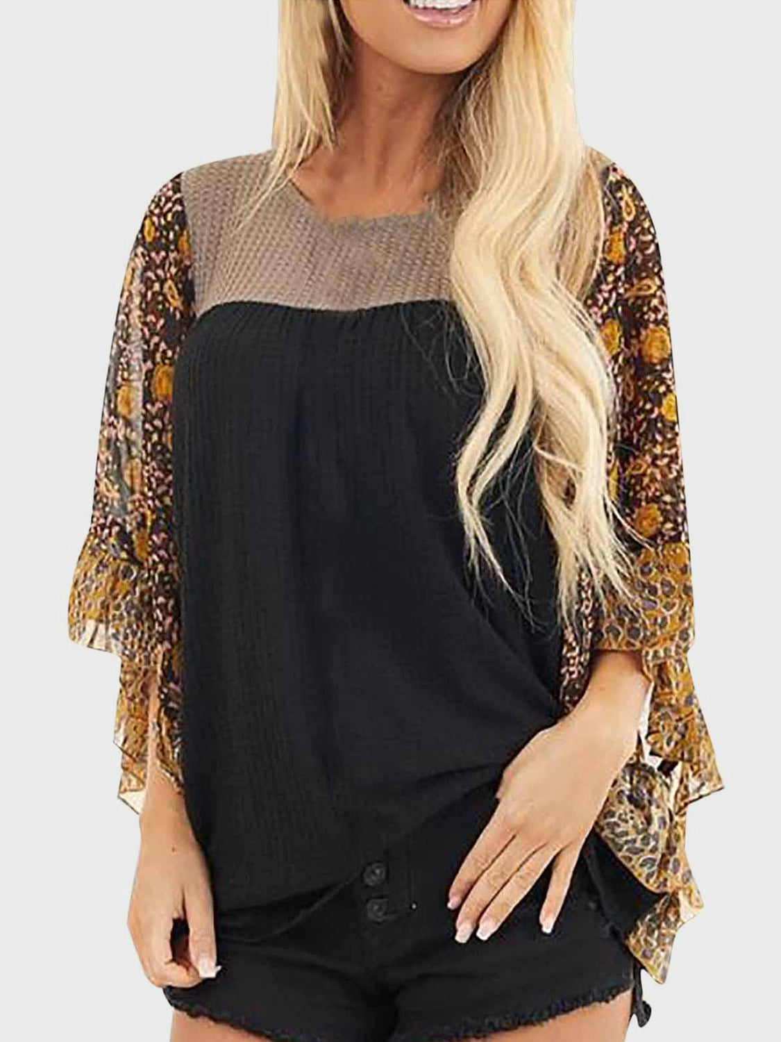 Full Size Printed Round Neck Three-Quarter Sleeve Blouse - Sydney So Sweet