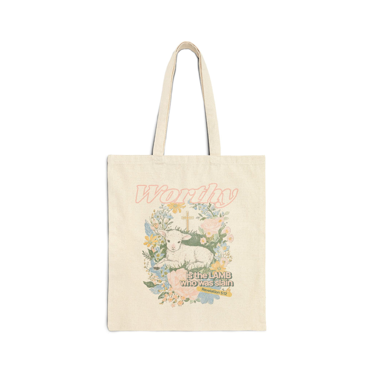 Worthy is the Lamb Floral Cotton Canvas Tote Christian Easter Market Bag