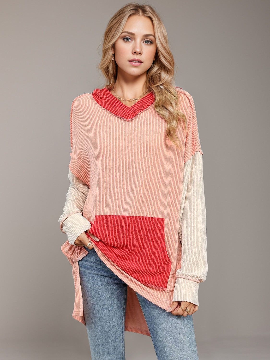 Double Take Contrast Hooded Long Sleeve Top - Sydney So Sweet