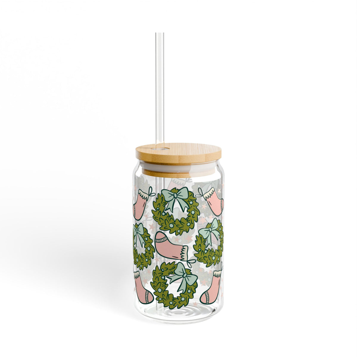 Holly Jolly Christmas Stockings Sipper Glass 16oz Reusable Drink Jar with Lid & Straw