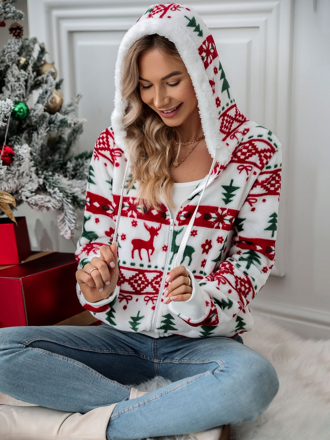 Drawstring Christmas Element Zip Up Hooded Jacket - Sydney So Sweet