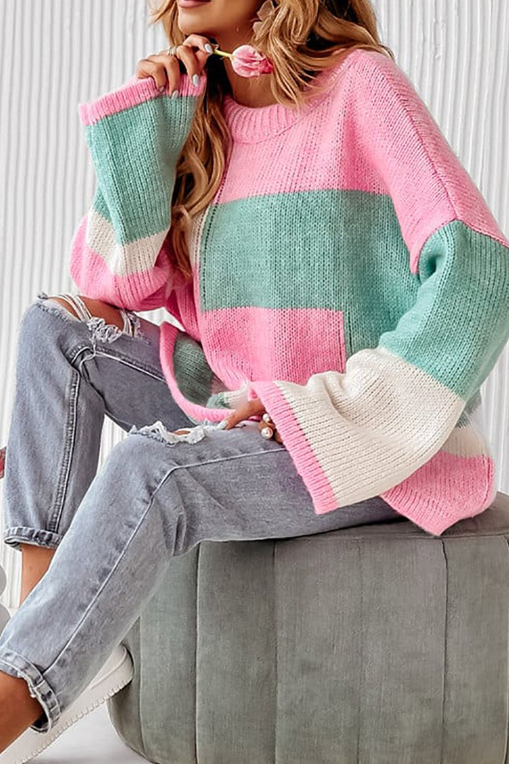 Color Block Round Neck Drop Shoulder Sweater - Sydney So Sweet