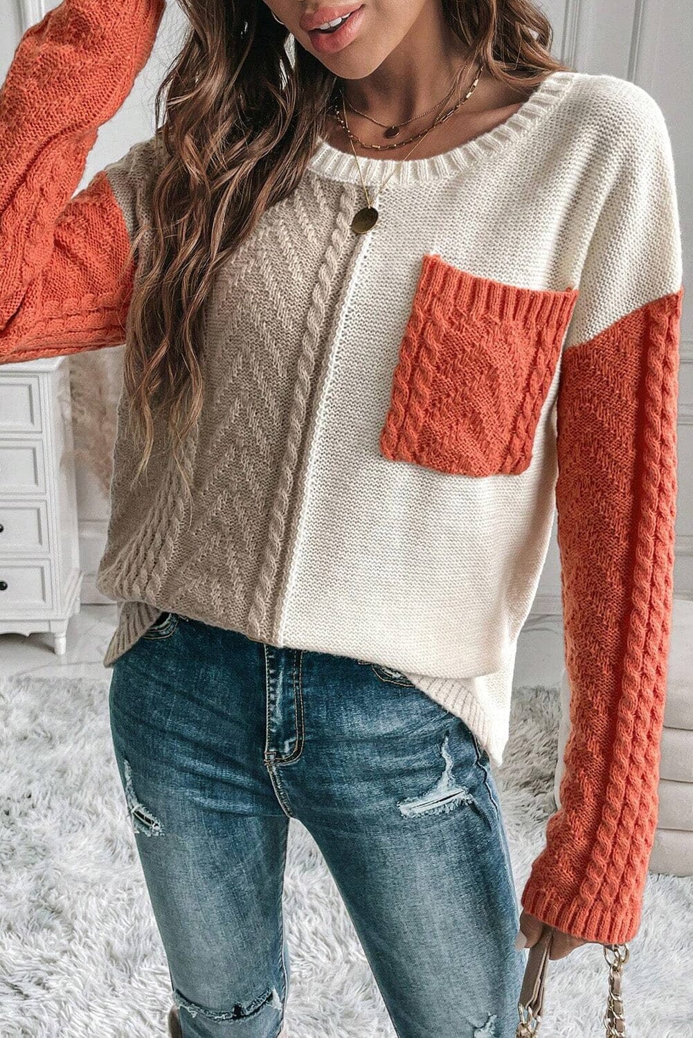 Color Block Round Neck Long Sleeve Sweater - Sydney So Sweet