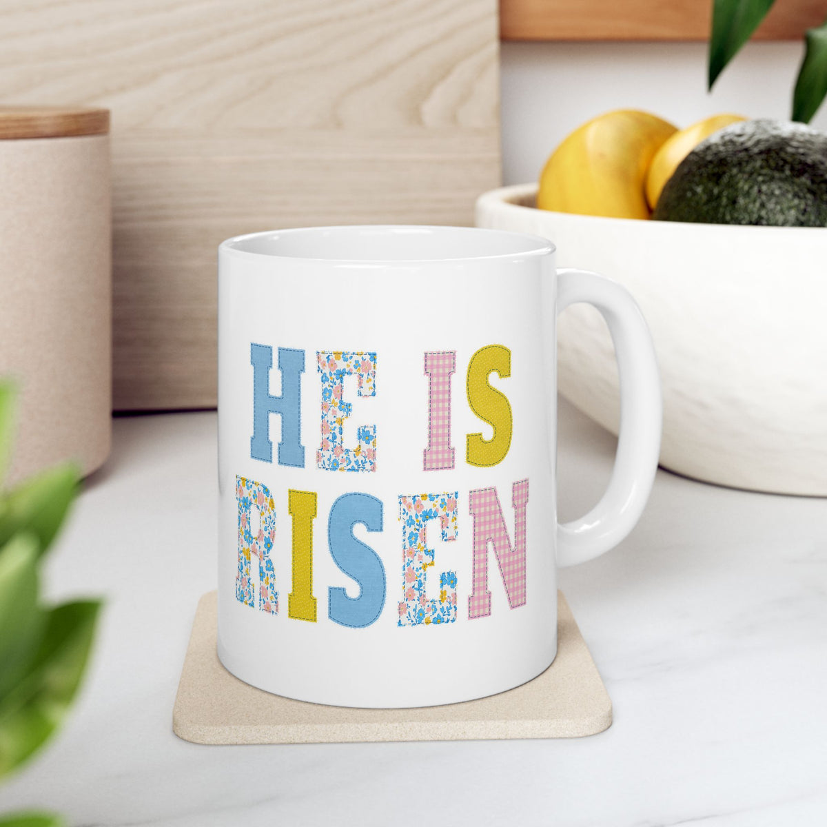 He is Risen Cross Floral Patchwork Ceramic Mug Coffee Cup (11oz & 15oz)