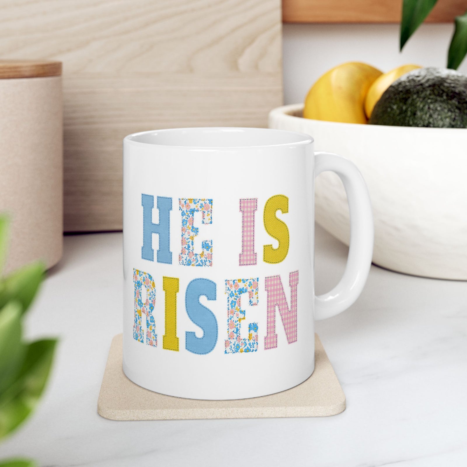 He is Risen Cross Floral Patchwork Ceramic Mug Coffee Cup (11oz & 15oz)