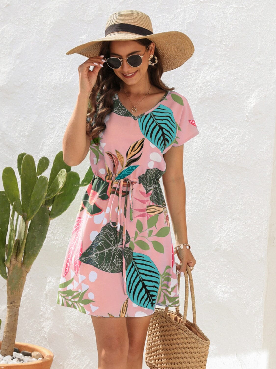 Drawstring Printed V-Neck Mini Dress - Sydney So Sweet