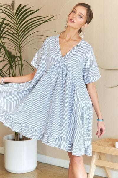 ADORA Ruffled Hem Striped V-Neck Babydoll Dress - Sydney So Sweet