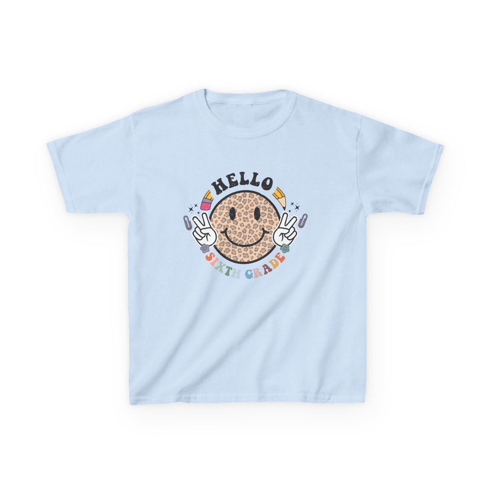 Sixth Grade Cheetah Smiley Face Graphic Tee Back-to-School 6th Grade Kids T-Shirt