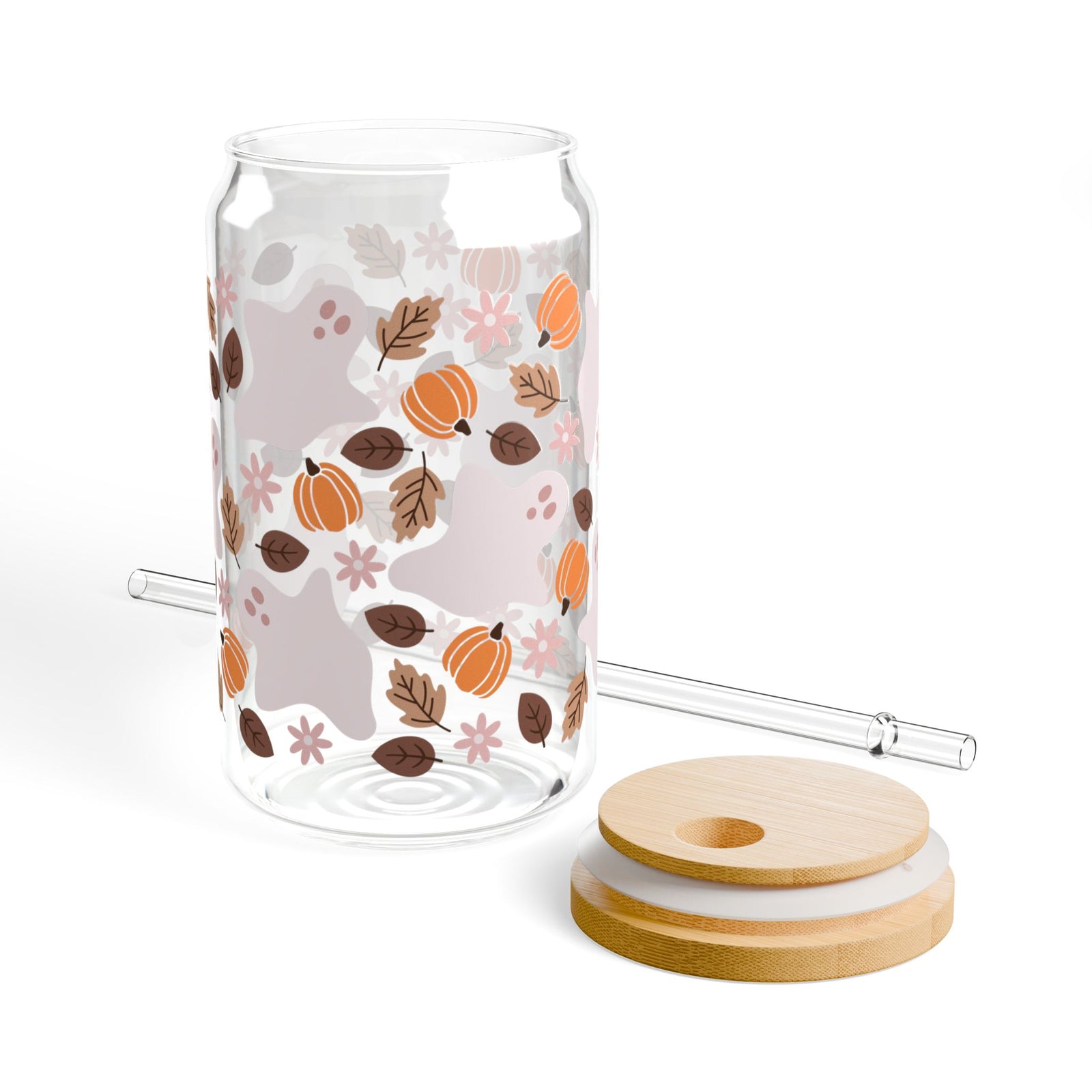 Fall Ghostie Pumpkin Floral Sipper Glass 16oz Reusable Drink Jar with Lid & Straw