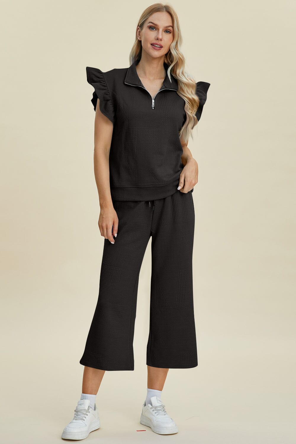 Double Take Full Size Texture Ruffle Short Sleeve Top and Wide Leg Pants Set - Sydney So Sweet