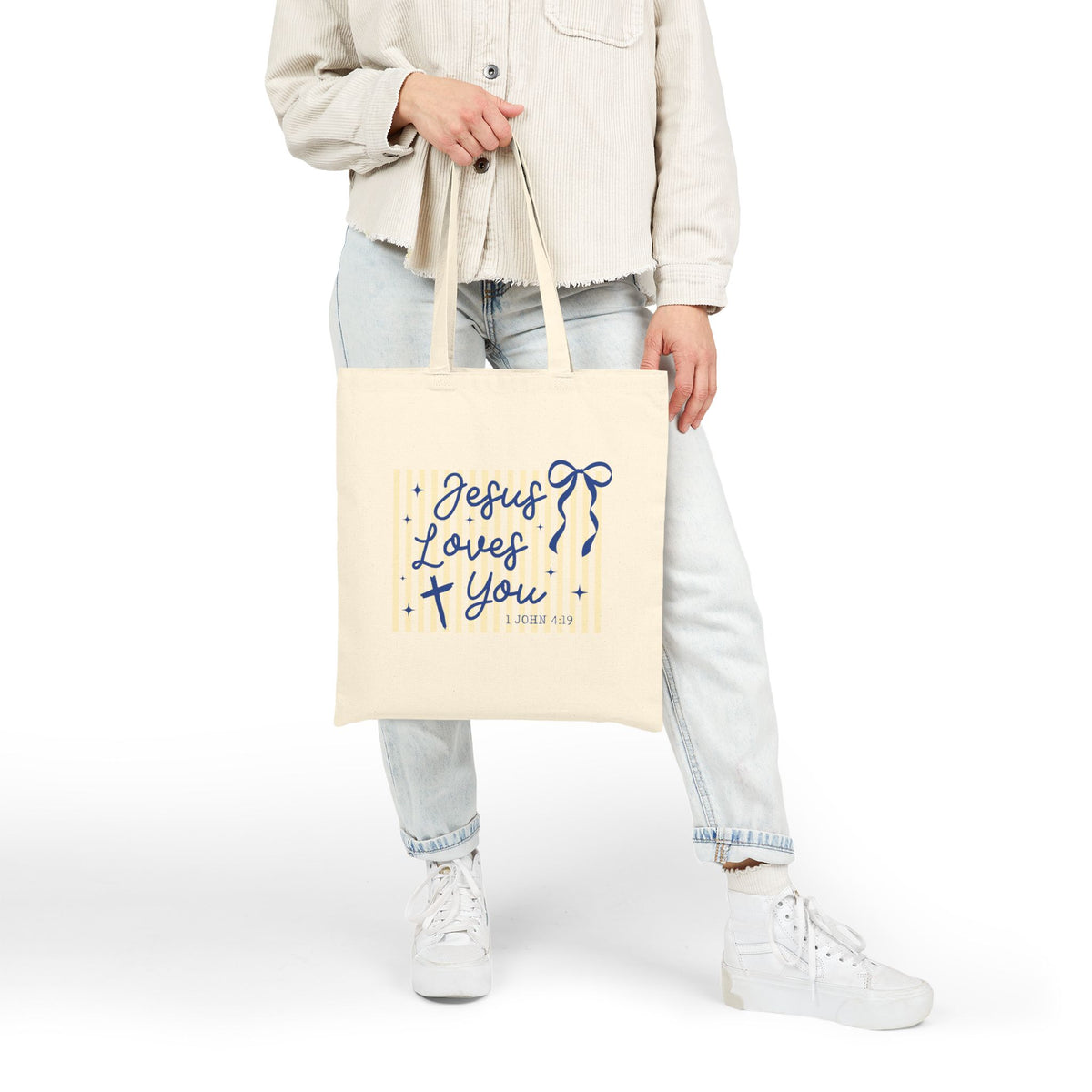 Jesus Loves You Cotton Canvas Tote Bag Faith Bible Study Tote