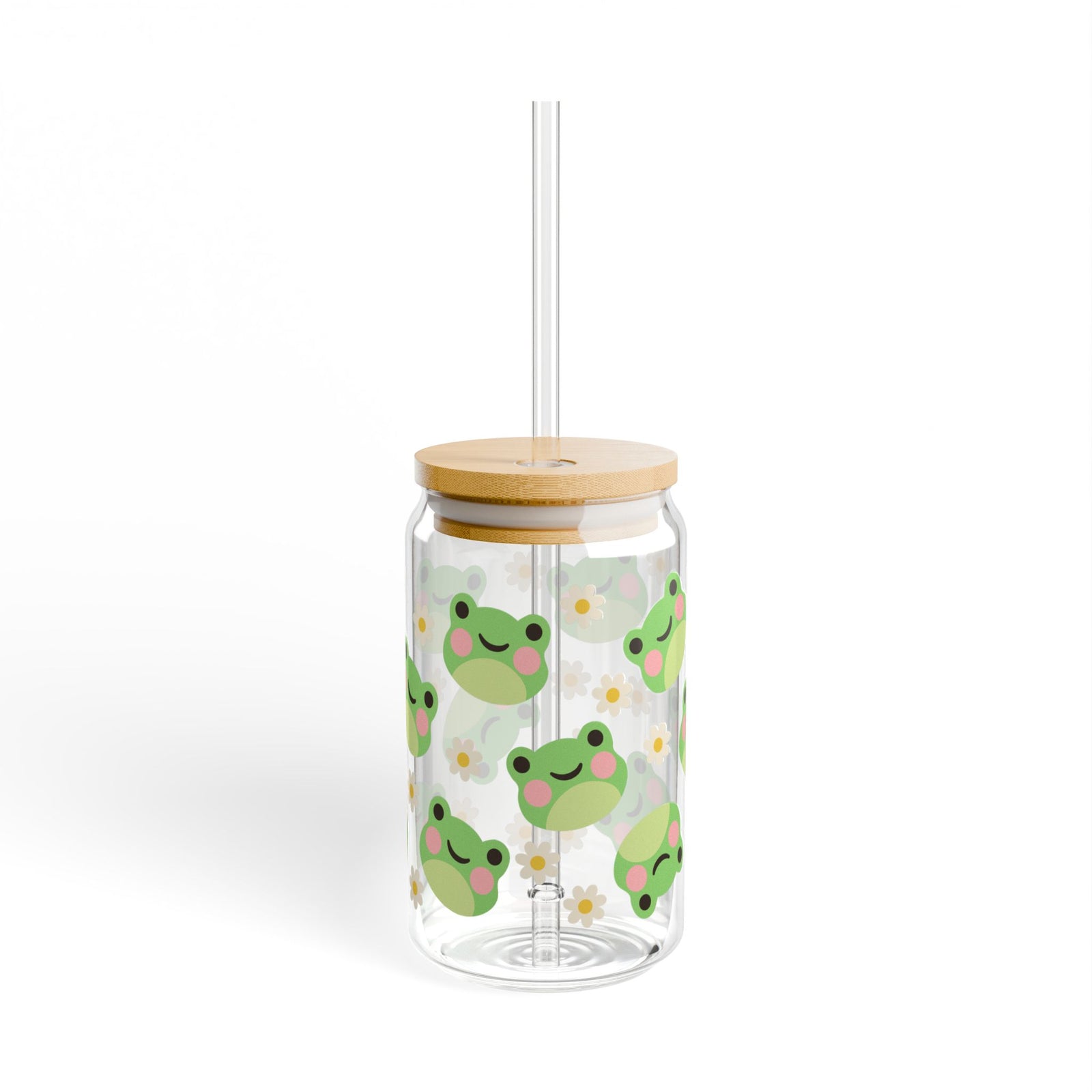 Kawaii Frog Daisy Tumbler Sipper Glass 16oz — Reusable Drink Jar with Lid & Straw - Sydney So Sweet